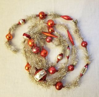 Second Various Red Glass Beads & Tinsel Garland.  Pre - World War I.  Germany.