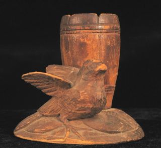 Antique Folk Art Hand Carved Wood Match Holder With Bird Civil War Era Barware