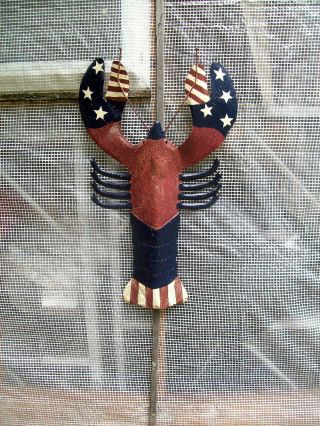 Folk Art American Lobster Sign Display Hanger Patriotic 4th July Metal Flag