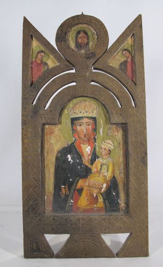 Antique Rare 19th C Bulgarian Orthodox Icon Ornate Frame Our Lady Of Passion Yqz