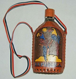 Vintage Dominican Republic Tourist Souvenir Leather Painted Glass Flask Strap