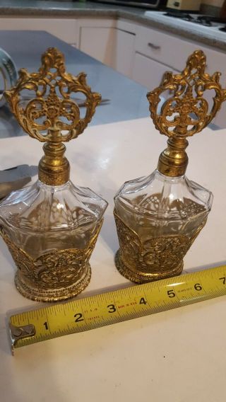 2 Vintage French Gold Gilded Brass Ormolu Filigree Overlay Glass Perfume Bottles