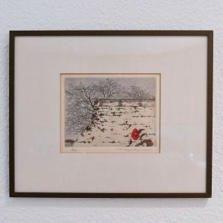 1971 Tanaka Ryohei Etching :: " Remaining Snow " :: 77 :: Japanese Print : 33/100