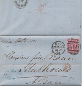 1872 Qv Liverpool Letter With A Fine 3d Rose Stamp Plate 6 Sent To France