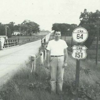 Vintage 1950 Real Vacation Photo Iowa 64 Highway U.  S.  151 Road Route Sign