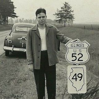 Vintage 1948 Real Vacation Photo Illinois 49 U.  S.  Highway 52 Road Route Sign