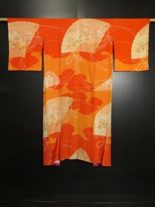 0622s05z420 Antique Japanese Kimono Silk Juban Orange Folding Fan