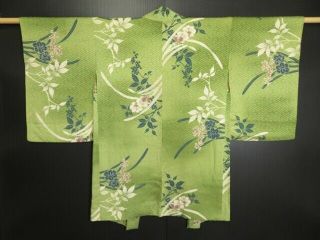 0621s06z440 Antique Japanese Kimono Silk Long Haori Moss Green Orchid