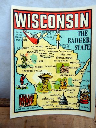 Vintage Wisconsin Window Transfer Vacation Souvenir Sticker The Badger State