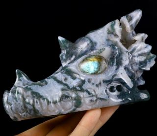 5.  5 " Green Moss Agate Geode Carved Crystal Dragon Skull,  Labradorite Eyes