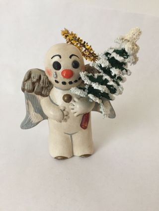 1995 Vaillancourt Folk Art Hand Painted Snowman Angel With Halo & Tree (wbs)