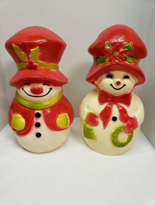 Vintage Mr & Mrs Snowman Blow Mold 13” Tall Christmas Decoration Union Products