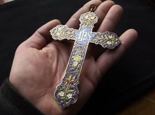 Huge Antique French Bronze Enamel Cloisonne Pectoral Cross - Pendant Crucifix 1900