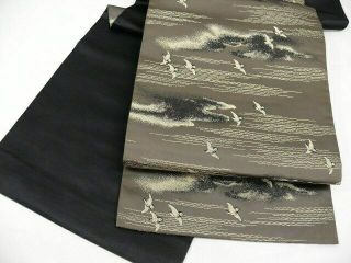 Antique Black & Khaki Reversible Silk Japanese Fukuro Obi N419
