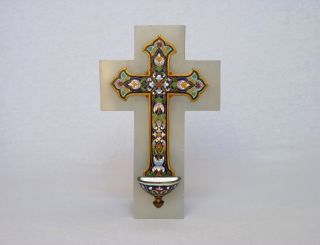 Antique French Cloisonné / Champleve Holy Water Font And Cross