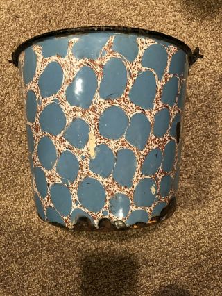 Rare Antique - French Enamelware - Egg And Chic Wire Pattern Pot W/ Wood Handle 6
