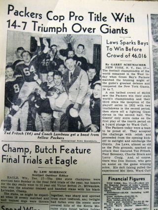 1944 Newspaper Green Bay Packers Win The Nfl Football Championship Vs Ny Giants