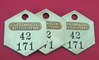 3 Antique Tool Check Brass Tag: " Chrysler " Automotive; Russell Ferry; Detroit