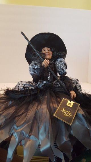 Authentique Spooky Night 12 " Shelf Sitting Witch Doll Silver Black With Broom