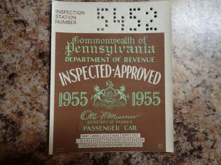Vintage 1955 Pa Pennsylvania Car Inspection Sticker