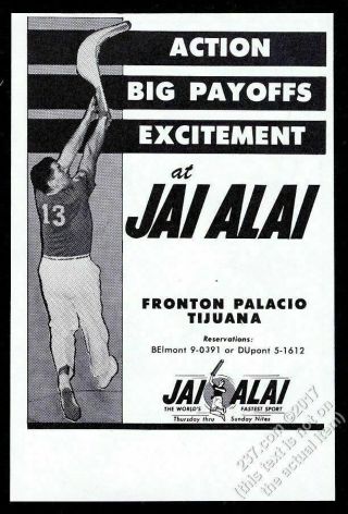 1964 Jai Alai Player Photo Fronton Palacio Tijuana Mexico Vintage Print Ad