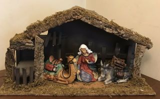 Christmas Nativity Set Of 3 Porcelain And Wood Stable