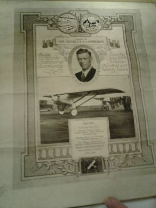Rare Dinner Menu For Col.  Charles Lindbergh 1927 By Syracuse Chamber Of Commerce