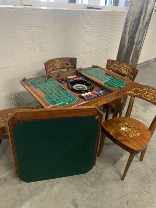 Italian Wood Inlay Marquetry Game Table W/ 4 Chairs.  Chess,  Roulette,  Backgammon 10
