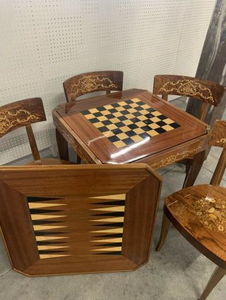 Italian Wood Inlay Marquetry Game Table W/ 4 Chairs.  Chess,  Roulette,  Backgammon 3