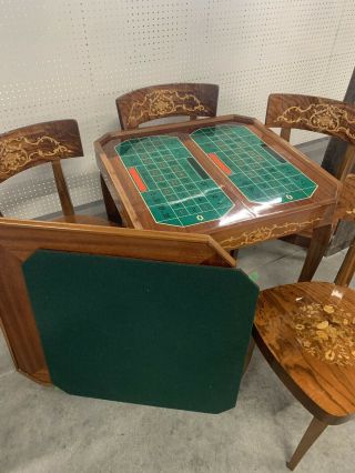 Italian Wood Inlay Marquetry Game Table W/ 4 Chairs.  Chess,  Roulette,  Backgammon 4
