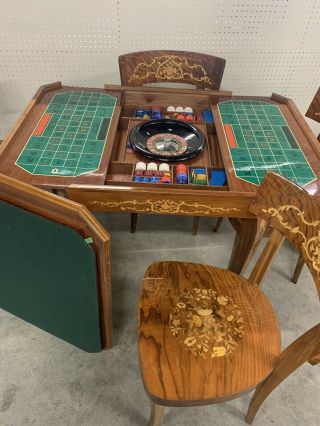 Italian Wood Inlay Marquetry Game Table W/ 4 Chairs.  Chess,  Roulette,  Backgammon 5