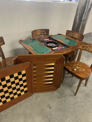 Italian Wood Inlay Marquetry Game Table W/ 4 Chairs.  Chess,  Roulette,  Backgammon 6