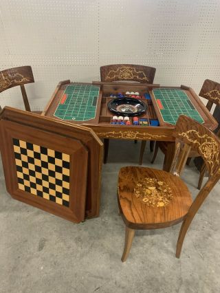 Italian Wood Inlay Marquetry Game Table W/ 4 Chairs.  Chess,  Roulette,  Backgammon 8