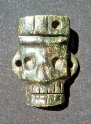 Mexican Pre Columbian Maya Aztec Style Green Stone Jade Death Skull Head Pendant