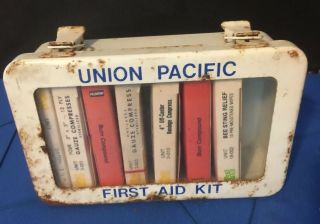 Vintage Union Pacific Railroad First Aid Kit Metal Box W/first Aid Supplies