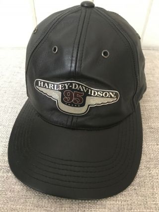 Vtg 1998 Harley Davidson 95th Anniversary Black Leather Baseball Hat Adjustable