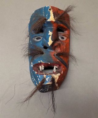 20th Century Painted Carved Wooden Mask Animal Fur Fangs Demon Ceremonial Tribal