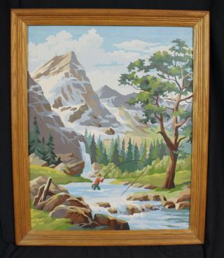 Vtg Paint By Number Picture Art Fishing Stream Mountains Woods Nature Mcm Framed