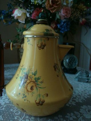 Camp Mackenzie Childs Enameled Tea Coffee Pot Floral Yellow Gorgeous Shabby Chic