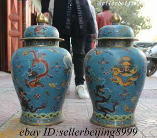 Collect Old China Bronze Cloisonne Enamel Dragon Loong Earthen Jar Tank Pot Pair