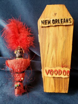 Orleans Voodoo Doll In Wood Coffin Souvenir With Pins Scary Vintage