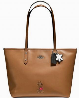 Rare Coach X Disney Mickey Mouse Tote Purse Bag Saddle Brown Tan Leather