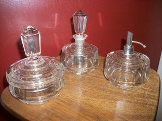Vintage Art Deco Czech Crystal Glass Vanity Set Powder Trinket Perfume Atomizer