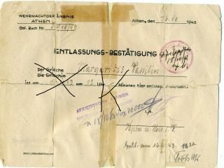 Greece Germany Occupation Wermachtgefaengnis Athen Document 1943 Greek Citizen