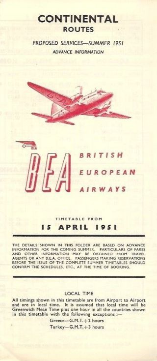 British European Airways Advance Timetable Summer 1951 B.  E.  A.  Bea