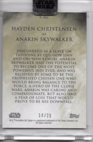 Hayden Christensen Skywalker 2018 Topps Star Wars Stellar Signatures Auto 14/20 2
