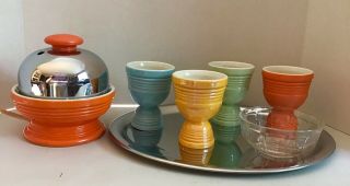 Vintage Hankscraft Fiesta Orange Egg Cooker W/ 4 Egg Cups - Tray & Bowl -