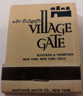 Art D ' Lugoff VILLAGE GATE/TOP of the GATE Matchbook NYC YORK CITY Greenwich 2