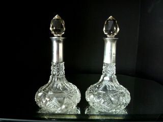 Pair Vintage Cut Glass Perfume Scent Bottles Silver Collar London 1914 C.  M.