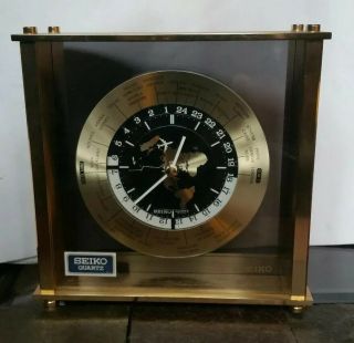 Brass Seiko Quartz Desk Mantle World Time Zone Clock With Airplane Second Hand